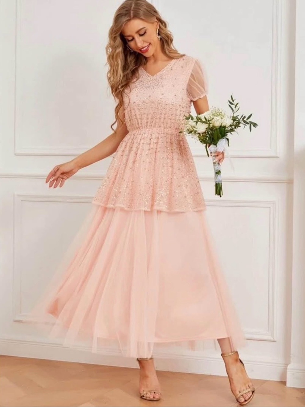 Elegant Pink Tulle Midi Dress with Beaded Bodice